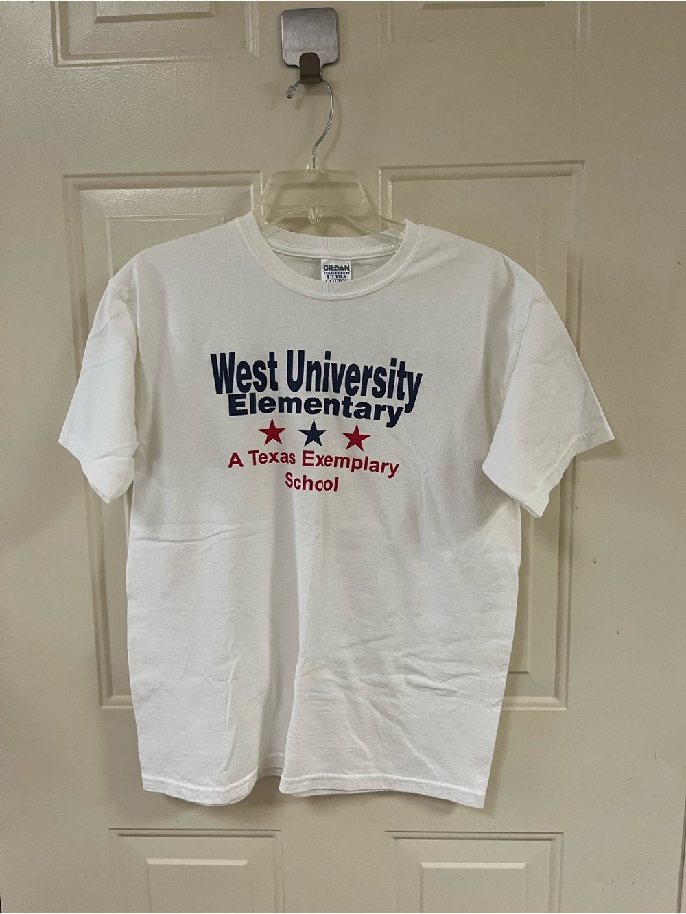 Gildan White Short Sleeve Tee with Navy and Red School Print